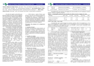 Tâmara Cláudia de Araújo Gomes, Engª Agrª, Pesq. da Embrapa Semi-Árido, Cx. Postal 23,
CEP 56302-970, Petrolina – PE. tamara@cpatsa.embrapa.br; José Antonio Moura e Silva,
Eng° Agr°, Bolsista CNPq/Programa RHAE. jantonio@cpatsa.embrapa.br; Maria Sonia
Lopes da Silva, Engª Agrª, Pesq. da Embrapa Semi-Árido. sonia@cpatsa.embrapa.br
Preparo de Composto Orgânico na Pequena Propriedade Rural dezembro/2001 Preparo de Composto Orgânico na Pequena Propriedade Rural dezembro/2001
Os solos de regiões semi-áridas que
possuem baixos teores de matéria orgânica
têm nos fertilizantes orgânicos a possibilidade
de melhorar suas propriedades físico-
químicas e biológicas e, consequentemente,
sua produtividade e fertilidade natural. No
entanto, a aplicação direta de resíduos
orgânicos frescos ao solo pode acarretar
prejuízos às culturas, decorrentes de uma
rápida decomposição microbiana da matéria
orgânica, causando o aumento da
temperatura, liberação de produtos tóxicos,
além de deficiências nutricionais temporárias.
Uma solução, conhecida desde longa
data, é a formação de pilhas de matéria
orgânica para a decomposição prévia desses
resíduos e posterior aplicação do material
decomposto, conhecido como húmus. A
compostagem tem se tornado um método
popular de manejo orgânico do solo, em que
resíduos vegetais e estercos são colocados
em camadas alternadas, formando pilhas.
Neste sentido, para a viabilização da
compostagem, é importante o
aproveitamento de resíduos orgânicos
provenientes de fontes locais,
preferencialmente com origem na
propriedade rural.
De maneira geral, todos os restos
orgânicos podem ser utilizados no preparo
de compostos: restos vegetais fibrosos
(palhadas, sabugos de milho triturados,
cascas de milho, arroz, feijão, folhas secas,
bagaços, capim passado, restos de podas,
dentre outros) e resíduos ricos em nitrogênio
(mais comumente, aqueles de origem
animal, tais como estercos frescos, camas
de animais, resíduos de frigorífico ou tortas
oleaginosas, leguminosas, etc.), os quais
irão facilitar a fermentação.
O processo de compostagem é
complexo e dinâmico, com constantes
mudanças de temperatura, pH e
disponibilidade de nutrientes. Sua eficiência
depende da forma como ele é preparado e
da qualidade dos resíduos utilizados,
podendo ocorrer grandes variações em sua
qualidade final e custos.
Além desses, outros fatores que
afetam o uso bem sucedido de compostos
na agricultura são a estabilidade e a
maturidade do composto. A aplicação de
composto instável ou imaturo pode retardar
o desenvolvimento das plantas e causar
danos às culturas por competir por oxigênio
ou causar fitotoxicidade devido à insuficiente
biodegradação da matéria orgânica.
Princípios do preparo de compostos
orgânicos
1. Escolha do local:
Deverão ser preferidos locais planos ou
levemente inclinados, protegidos do vento,
insolação e chuva, que tenham boa
drenagem, não permitindo o empoçamento
de água, construindo as pilhas de composto
com o comprimento no sentido da queda do
terreno;
2. Escolha do resíduo:
Uma compostagem rápida e eficiente é
favorecida por materiais que após misturados
resultem em uma relação C/N entre 26 e 35
(proporção da porcentagem de carbono
orgânico para a de nitrogênio total). Se for
muito maior irá demorar muito para se
decompor; se for menor, parte do N será
perdida, já que está em excesso e os
microorganismos que vão decompor os
resíduos não conseguem absorver tudo.
3. Sistemas de mistura:
Caso não se disponha da análise
laboratorial dos resíduos a serem utilizados,
mostrando principalmente os seus teores de
carbono e nitrogênio, geralmente as pilhas
de composto são feitas utilizando-se 3 a 4
partes de resíduo fibroso (rico em carbono)
para 1 parte de esterco fresco (resíduo mais
rico em nitrogênio), em volume.
Quando se dispõe das informações
necessárias (teores de nitrogênio e
carbono), calcula-se a quantidade de partes
de resíduos vegetais ricos em carbono para
cada parte de resíduo rico em nitrogênio,
fazendo-se o uso da seguinte fórmula:
Partes de Material rico em nitrogênio (30 x % nitrogênio) -% carbono
material = =
rico em carbono Material rico em carbono % carbono - (30 x % nitrogênio)
Partes de Dados do esterco (30 x 1,92) – 36,11 21,49
bagaço de = = = = 2,27
cana Dados do bagaço de cana 41,53 – (30 x 1,07) 9,43
Carbono (36,1x31)+(41,53x66)
orgânico da = = 38,60
mistura (%) 100
Nitrogênio da = (1,92x31)+(1,07x66) = 1,30
mistura (%) 100
Relação C:N da = 38,60 = 29,7
mistura (%) 1,30
Exemplificando uma mistura com bagaço de cana (resíduo rico em carbono) e esterco
bovino, teremos a seguinte situação:
Considerando que a porcentagem de matéria orgânica (M.O.%) dividida por 1,72 é
igual à porcentagem de carbono orgânico (C%), teremos que o teor de carbono orgânico do
esterco é de 36,11% e o do bagaço de cana é de 41,53% . Dessa forma, utilizando esses
números na fórmula referida acima, teremos:
Tem-se então que, para cada parte
de esterco bovino, deve-se misturar 2,27
partes de bagaço de cana. Fazendo-se uma
regra de três simples, teremos que tal relação
(2,27 para 1) corresponde a 69 % de
bagaço de cana para 31 % de esterco
bovino. Como os estercos e resíduos
vegetais geralmente contêm menos de 1 %
de fósforo, utiliza-se a adição, na hora da
compostagem, de 3 % de fosfato natural.
Neste caso, tal percentual deve ser
descontado do material rico em carbono. A
mistura para a compostagem seria, então,
66% de bagaço de cana, 31% de esterco
bovino e 3 % de fosfato natural. O fosfato
de Gafsa ou termofosfato devem ser
preferidos devido à sua maior reatividade.
Realizando-se uma média ponderada,
teremos uma mistura com 1,30% de N,
38,60% de C e uma relação C/N em torno
de 30/1.
4. Aeração (muito importante):
· Os resíduos deverão ser picados
(3-5 cm) para acelerar a compostagem;
partículas muito pequenas dificultam a
aeração da pilha e partículas grandes
dificultam a decomposição;
· A montagem da pilha deverá ser feita
sobre pedaços de madeira tais como
galhos, gravetos, estrados, etc.;
· Varas de bambu ou cano deverão ser
inseridos na pilha, os quais, após serem
retirados, deixam canais de ventilação em
vários locais;
· A pilha deverá ser revirada
periodicamente com garfos e pás, geralmente
aos quinze e trinta dias após a sua montagem
e mais duas vezes até o final do processo;
· Durante a montagem e nos
reviramentos, a pilha deverá ser molhada a
cada camada depositada, sem encharcar;
· O teor de umidade apropriado na
compostagem deve estar entre 40 e 60%;
em termos práticos, quando se pega no
material em fase de compostagem, sente-
se que o mesmo está úmido, mas não
escorre água quando comprimido.
5. Temperatura
· Poucos dias após a formação das
pilhas, a temperatura chega a 40 a 45°C.
Em seguida, a temperatura sobe de 40 a
Resíduo M.O. (%) N (%) P2
O5
(%) K2
O (%) C/N
Esterco de bovinos * 62,11 1,92 1,01 1,62 19/1
Bagaço de cana ** 71,44 1,07 0,25 0,94 39/1
Tabela 1. Composição química de uma amostra de esterco bovino e bagaço de cana.
Fontes: *Kiehl (1980); **Kiehl (1985).
 