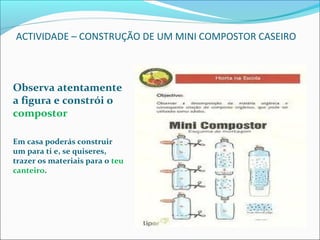 ACTIVIDADE – CONSTRUÇÃO DE UM MINI COMPOSTOR CASEIRO
Observa atentamente
a figura e constrói o
compostor
Em casa poderás construir
um para ti e, se quiseres,
trazer os materiais para o teu
canteiro.
 