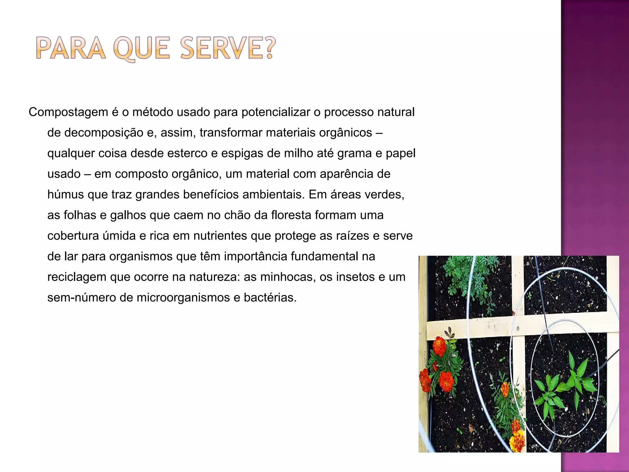 Compostagem é o método usado para potencializar o processo natural
   de decomposição e, assim, transformar materiais orgânicos –
   qualquer coisa desde esterco e espigas de milho até grama e papel
   usado – em composto orgânico, um material com aparência de
   húmus que traz grandes benefícios ambientais. Em áreas verdes,
   as folhas e galhos que caem no chão da floresta formam uma
   cobertura úmida e rica em nutrientes que protege as raízes e serve
   de lar para organismos que têm importância fundamental na
   reciclagem que ocorre na natureza: as minhocas, os insetos e um
   sem-número de microorganismos e bactérias.
 