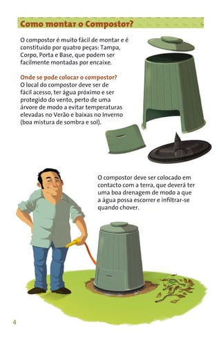 Como montar o Compostor?
    O compostor é muito fácil de montar e é
    constituído por quatro peças: Tampa,
    Corpo, Porta e Base, que podem ser
    facilmente montadas por encaixe.

    Onde se pode colocar o compostor?
    O local do compostor deve ser de
    fácil acesso, ter água próximo e ser
    protegido do vento, perto de uma
    árvore de modo a evitar temperaturas
    elevadas no Verão e baixas no Inverno
    (boa mistura de sombra e sol).




                               O compostor deve ser colocado em
                               contacto com a terra, que deverá ter
                               uma boa drenagem de modo a que
                               a água possa escorrer e inﬁltrar-se
                               quando chover.




4
 