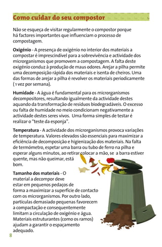 Como cuidar do seu compostor
    Não se esqueça de visitar regularmente o compostor porque
    há factores importantes que inﬂuenciam o processo de
    compostagem.
    Oxigénio - A presença de oxigénio no interior dos materiais a
    compostar é imprescindível para a sobrevivência e actividade dos
    microrganismos que promovem a compostagem. A falta deste
    oxigénio conduz à produção de maus odores. Arejar a pilha permite
    uma decomposição rápida dos materiais e isenta de cheiros. Uma
    das formas de arejar a pilha é revolver os materiais periodicamente
    ( 1 vez por semana).
    Humidade - A água é fundamental para os microrganismos
    decompositores, resultando igualmente da actividade destes
    aquando da transformação de resíduos biodegradáveis. O excesso
    ou falta de humidade no meio condicionam negativamente a
    actividade destes seres vivos. Uma forma simples de testar é
    realizar o “teste da esponja”.
    Temperatura - A actividade dos microrganismos provoca variações
    de temperatura. Valores elevados são essenciais para maximizar a
    eﬁciência de decomposição e higienização dos materiais. Na falta
    de termómetro, espetar uma barra ou tubo de ferro na pilha e
    esperar alguns minutos, ao retirar colocar a mão, se a barra estiver
    quente, mas não queimar, está
    bom.
    Tamanho dos materiais - O
    material a decompor deve
    estar em pequenos pedaços de
    forma a maximizar a superfície de contacto
    com os microrganismos. Por outro lado,
    partículas demasiado pequenas favorecem
    a compactação e consequentemente
    limitam a circulação de oxigénio e água.
    Materiais estruturantes (como os ramos)
    ajudam a garantir o espaçamento
    adequado.
8
 