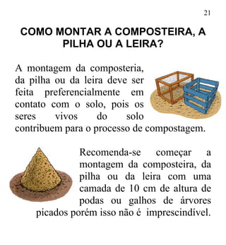 21
COMO MONTAR A COMPOSTEIRA, A
PILHA OU A LEIRA?
A montagem da composteria,
da pilha ou da leira deve ser
feita preferencialmente em
contato com o solo, pois os
seres vivos do solo
contribuem para o processo de compostagem.
Recomenda-se começar a
montagem da composteira, da
pilha ou da leira com uma
camada de 10 cm de altura de
podas ou galhos de árvores
picados porém isso não é imprescindível.
 