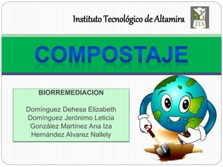 BIORREMEDIACION
Domínguez Dehesa Elizabeth
Domínguez Jerónimo Leticia
González Martínez Ana Iza
Hernández Alvarez Nallely
Instituto Tecnológico de Altamira
 