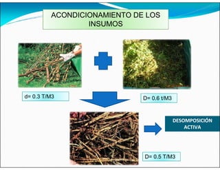 ACONDICIONAMIENTO DE LOS
INSUMOS
d= 0.3 T/M3 D= 0.6 t/M3
D= 0.5 T/M3
DESOMPOSICIÓN
ACTIVA
 