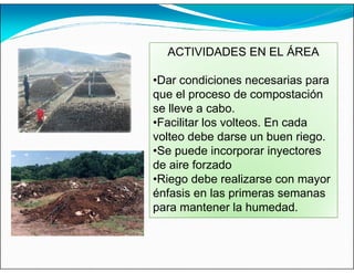 ACTIVIDADES EN EL ÁREA
•Dar condiciones necesarias para
que el proceso de compostación
se lleve a cabo.
•Facilitar los volteos. En cada
volteo debe darse un buen riego.
•Se puede incorporar inyectores
de aire forzado
•Riego debe realizarse con mayor
énfasis en las primeras semanas
para mantener la humedad.
 