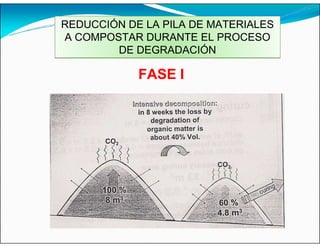 REDUCCIÓN DE LA PILA DE MATERIALES
A COMPOSTAR DURANTE EL PROCESO
DE DEGRADACIÓN
FASE I
 
