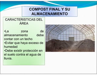 COMPOST FINAL Y SU
ALMACENAMIENTO
CARACTERISTICAS DEL
ÁREA
•La zona de
almacenamiento debe
contar con un techo
•Evitar que haya exceso de
humedad
•Debe existir protección en
el suelo contra el agua de
lluvia.
 