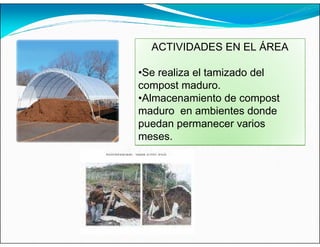 ACTIVIDADES EN EL ÁREA
•Se realiza el tamizado del
compost maduro.
•Almacenamiento de compost
maduro en ambientes donde
puedan permanecer varios
meses.
 