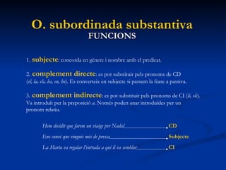 FUNCIONS O. subordinada substantiva 1.   subjecte : concorda en gènere i nombre amb el predicat. 2.   complement directe : es pot substituir pels pronoms de CD ( el, la, els, les, en, ho ). Es converteix en subjecte si passem la frase a passiva. 3.   complement indirecte : es pot substituir pels pronoms de CI ( li, els ). Va introduït per la preposició  a . Només poden anar introduïdes per un  pronom relatiu. Hem decidit que farem un viatge per Nadal Ens convé que vinguis més de pressa La Marta va regalar l’entrada a qui li va semblar CD Subjecte CI 