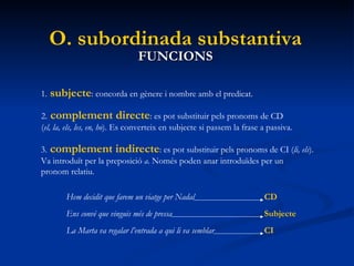 FUNCIONS O. subordinada substantiva 1.   subjecte : concorda en gènere i nombre amb el predicat. 2.   complement directe :...