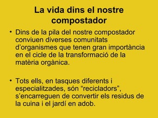 La vida dins el nostre
compostador
• Dins de la pila del nostre compostador
conviuen diverses comunitats
d’organismes que tenen gran importància
en el cicle de la transformació de la
matèria orgànica.
• Tots ells, en tasques diferents i
especialitzades, són “recicladors”,
s’encarreguen de convertir els residus de
la cuina i el jardí en adob.
 