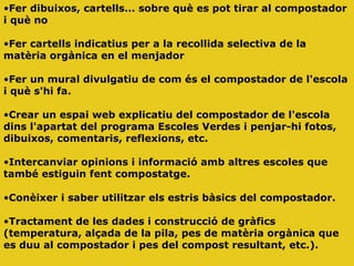 •Fer dibuixos, cartells... sobre què es pot tirar al compostador
i què no
•Fer cartells indicatius per a la recollida selectiva de la
matèria orgànica en el menjador
•Fer un mural divulgatiu de com és el compostador de l'escola
i què s'hi fa.
•Crear un espai web explicatiu del compostador de l'escola
dins l'apartat del programa Escoles Verdes i penjar-hi fotos,
dibuixos, comentaris, reflexions, etc.
•Intercanviar opinions i informació amb altres escoles que
també estiguin fent compostatge.
•Conèixer i saber utilitzar els estris bàsics del compostador.
•Tractament de les dades i construcció de gràfics
(temperatura, alçada de la pila, pes de matèria orgànica que
es duu al compostador i pes del compost resultant, etc.).
 