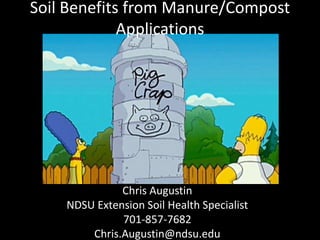 Soil Benefits from Manure/Compost
Applications

Chris Augustin
NDSU Extension Soil Health Specialist
701-857-7682
Chris.Augustin@ndsu.edu

 