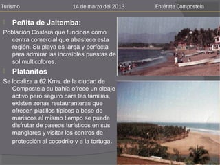 Turismo                   14 de marzo del 2013   Entérate Compostela

   Peñita de Jaltemba:
Población Costera que funciona como
   centra comercial que abastece esta
   región. Su playa es larga y perfecta
   para admirar las increíbles puestas de
   sol multicolores.
   Platanitos
Se localiza a 62 Kms. de la ciudad de
   Compostela su bahía ofrece un oleaje
   activo pero seguro para las familias,
   existen zonas restauranteras que
   ofrecen platillos típicos a base de
   mariscos al mismo tiempo se puede
   disfrutar de paseos turísticos en sus
   manglares y visitar los centros de
   protección al cocodrilo y a la tortuga.
 