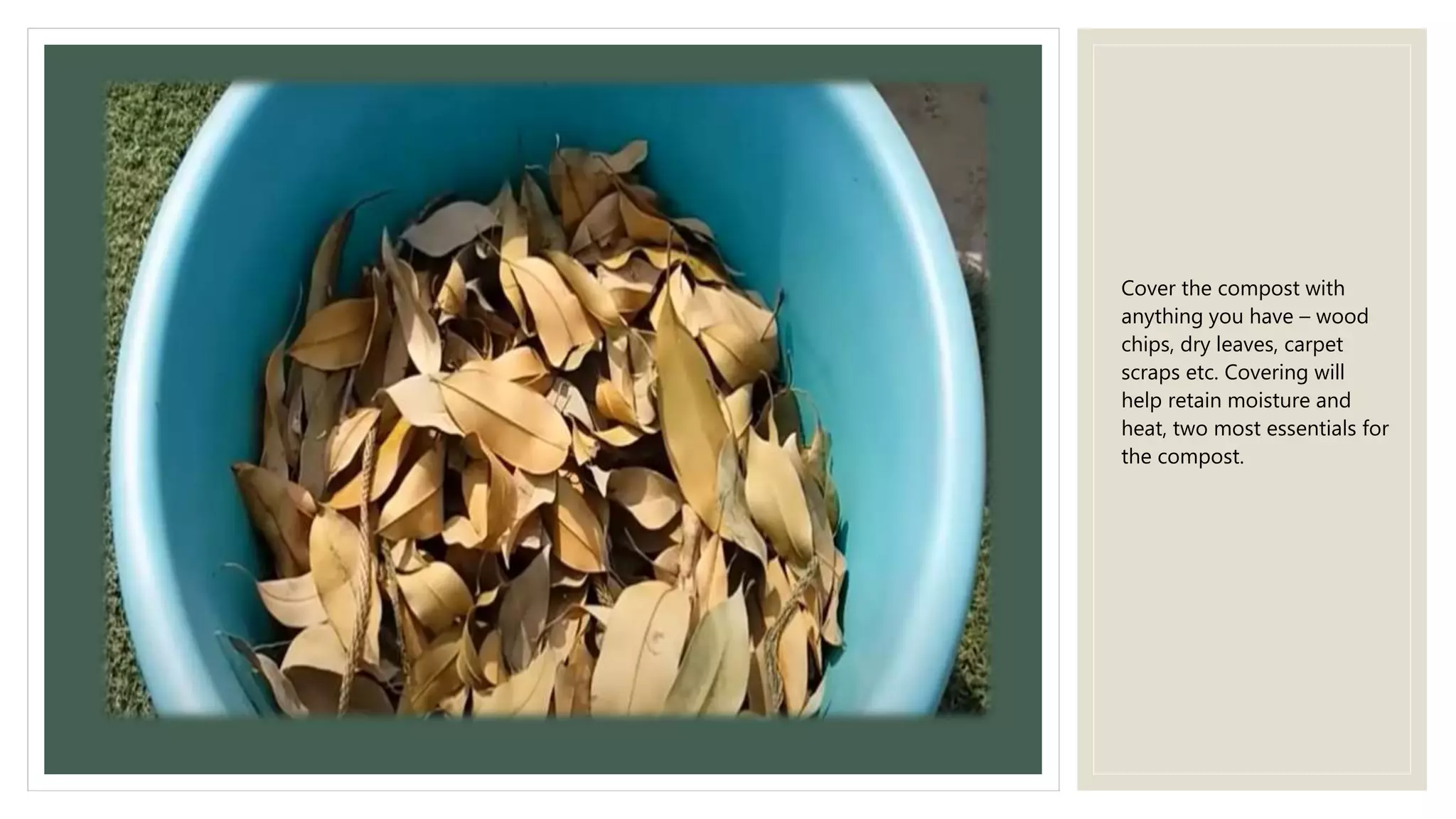 Cover the compost with
anything you have – wood
chips, dry leaves, carpet
scraps etc. Covering will
help retain moisture and
heat, two most essentials for
the compost.
 