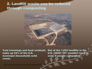2. Landfill waste can be reduced through composting http://www.epa.gov/waste/conserve/rrr/composting/index.htm Yard trimmings and food residuals make up 24% of the U.S. municipal (household) solid waste. Out of the 1,654 landfills in the U.S. (2005) 397 wouldn’t need to exist if people composted 