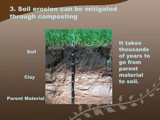 3. Soil erosion can be mitigated through composting Parent Material Clay Soil It takes thousands of years to go from parent material to soil. 