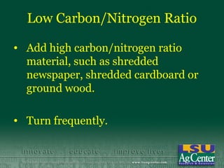 Low Carbon/Nitrogen Ratio

• Add high carbon/nitrogen ratio
  material, such as shredded
  newspaper, shredded cardboard or
  ground wood.

• Turn frequently.
 