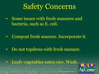 Safety Concerns
• Some issues with fresh manures and
  bacteria, such as E. coli.

• Compost fresh manure. Incorporate it.

• Do not topdress with fresh manure.

• Leafy vegetables eaten raw. Wash.
 