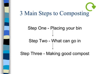 3 Main Steps to Composting Step One - Placing your bin Step Two - What can go in Step Three - Making good compost 