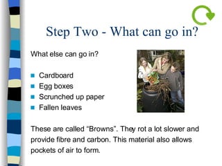 Step Two - What can go in? What else can go in? Cardboard Egg boxes Scrunched up paper Fallen leaves These are called “Browns”. They rot a lot slower and provide fibre and carbon. This material also allows  pockets of air to form. 