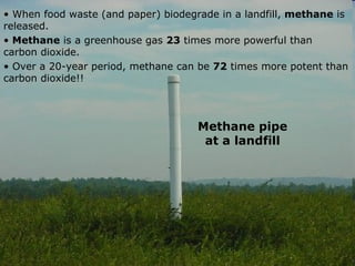 The Climate Change Connection When food waste (and paper) biodegrade in a landfill,  methane  is released. Methane  is a greenhouse gas  23  times more powerful than  carbon dioxide. Over a 20-year period, methane can be  72  times more potent than carbon dioxide!! Methane pipe at a landfill 