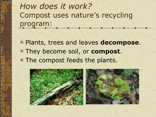 How does it work? Compost uses nature’s recycling program: Plants, trees and leaves  decompose . They become soil, or  compost . The compost feeds the plants. 