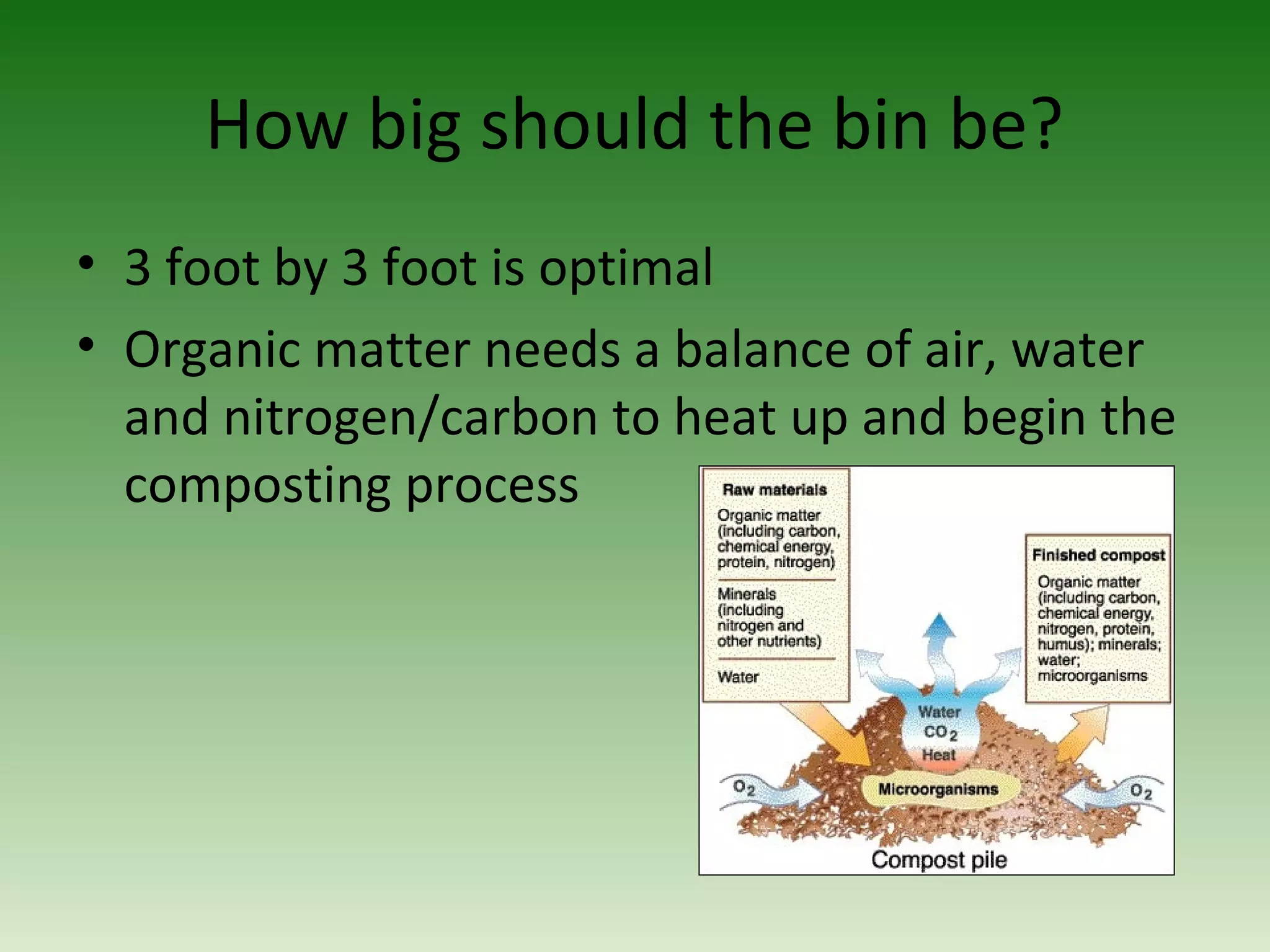 How big should the bin be?
• 3 foot by 3 foot is optimal
• Organic matter needs a balance of air, water
and nitrogen/carbon to heat up and begin the
composting process
 