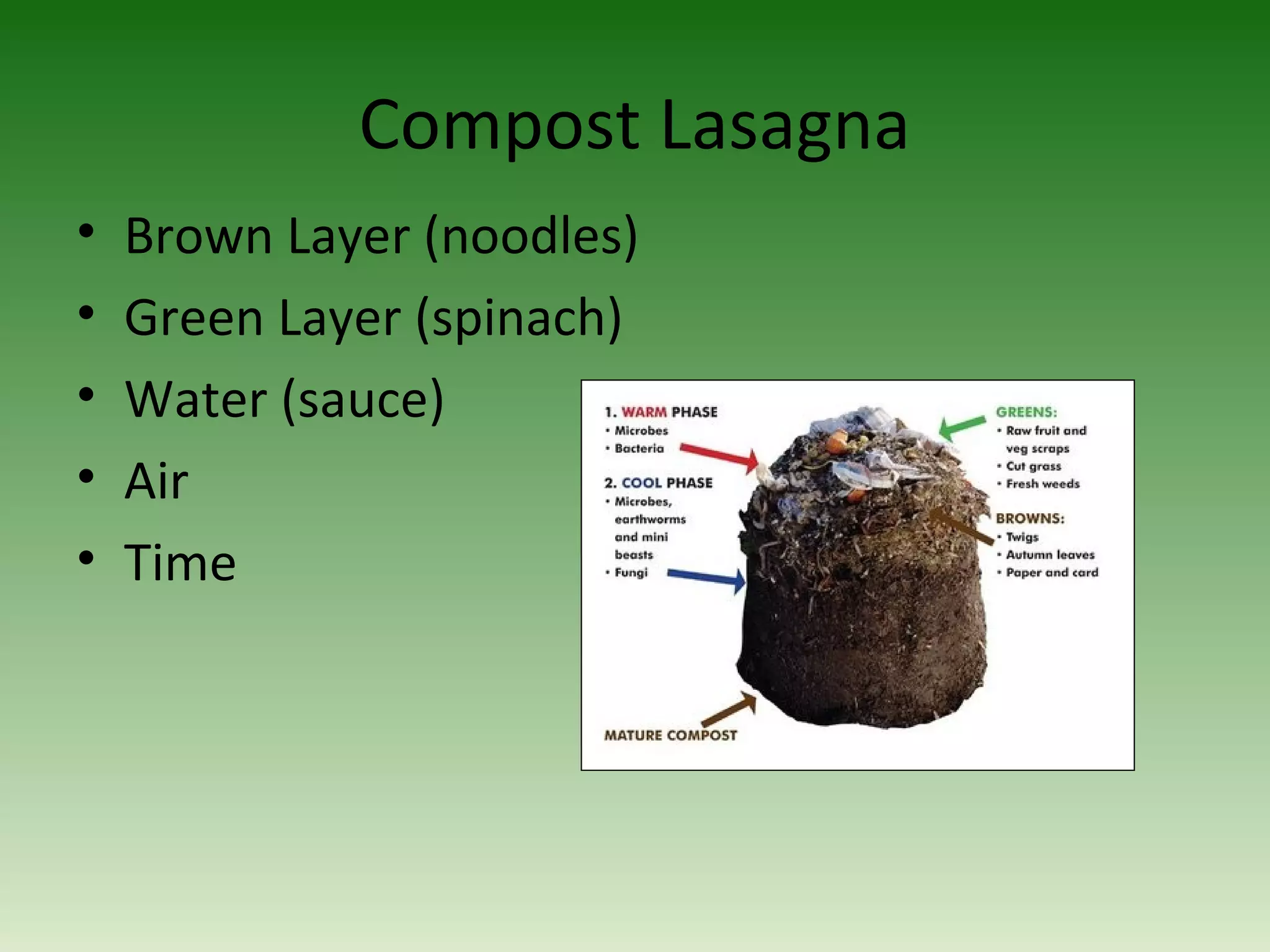 Compost Lasagna
• Brown Layer (noodles)
• Green Layer (spinach)
• Water (sauce)
• Air
• Time
 