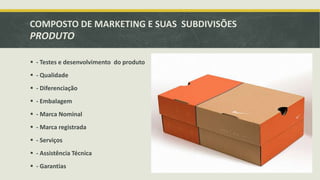 COMPOSTO DE MARKETING E SUAS SUBDIVISÕES
PRODUTO
 - Testes e desenvolvimento do produto
 - Qualidade
 - Diferenciação
 - Embalagem
 - Marca Nominal
 - Marca registrada
 - Serviços
 - Assistência Técnica
 - Garantias
 