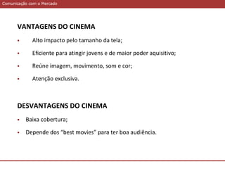Comunicação com o MercadoComunicação com o Mercado
VANTAGENS DO CINEMA
 Alto impacto pelo tamanho da tela;
 Eficiente para atingir jovens e de maior poder aquisitivo;
 Reúne imagem, movimento, som e cor;
 Atenção exclusiva.
DESVANTAGENS DO CINEMA
 Baixa cobertura;
 Depende dos “best movies” para ter boa audiência.
 