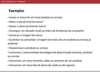 Comunicação com o MercadoComunicação com o Mercado
Exemplos
 Lançar a marca de um novo produto ou serviço
 Obter o top of mind da marca¹
 Elevar o share of mind da marca²
 Conseguir um elevado recall ou índice de lembrança da campanha
 Construir a imagem da marca
 Sustentar ou consolidar a imagem da marca de um produto ou serviço já
existente
 Reposicionar o produto ou serviço
 Comunicar a exclusividade tecnológica de determinada empresa, produto
ou serviço.
 Comunicar um novo tamanho, sabor ou perfume de um produto
 Comunicar um novo tipo de plano de saúde ou de seguros.
 