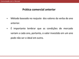 Comunicação com o MercadoComunicação com o Mercado
Prática comercial anterior
 Método baseado no reajuste dos valores da verba do ano
anterior.
 É importante lembrar que as condições de mercado
variam a cada ano, portanto, o valor investido em um ano
pode não ser o ideal em outro.
 