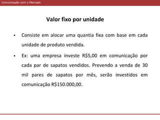 Comunicação com o MercadoComunicação com o Mercado
Valor fixo por unidade
 Consiste em alocar uma quantia fixa com base em cada
unidade de produto vendida.
 Ex: uma empresa investe R$5,00 em comunicação por
cada par de sapatos vendidos. Prevendo a venda de 30
mil pares de sapatos por mês, serão investidos em
comunicação R$150.000,00.
 