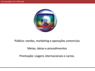 Comunicação com o MercadoComunicação com o Mercado
Público: vendas, marketing e operações comerciais
Metas, ideias e procedimentos
Premiação: viagens internacionais e carros.
 