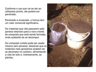 .
Conforme o uso que vai se dar ao
composto pronto, ele poderá ser
peneirado.

Peneirado e ensacado, o húmus tem
um valor comercial significativo.

Os materiais que não passarem pela
peneira retornam para o novo monte
de composto que está sendo formado,
onde acabarão de se decompor.

Ou composto curtido pode ser usado
mesmo sem peneirar, deixando que os
materiais mais grosseiros acabem de
se decompor no canteiro, alimentando
a vida do solo e, indiretamente, as
plantas.
 