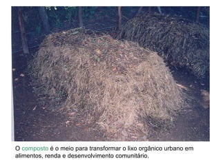 O composto é o meio para transformar o lixo orgânico urbano em
alimentos, renda e desenvolvimento comunitário.
 