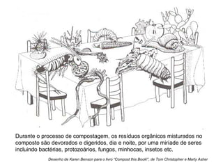 Durante o processo de compostagem, os resíduos orgânicos misturados no
composto são devorados e digeridos, dia e noite, por uma miríade de seres
incluindo bactérias, protozoários, fungos, minhocas, insetos etc.
            Desenho de Karen Benson para o livro “Compost this Book!”, de Tom Christopher e Marty Asher
 