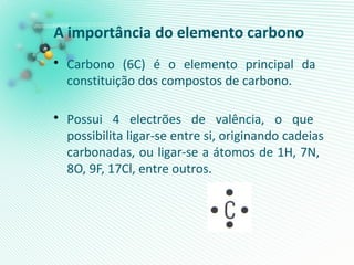 A importância do elemento carbono
• Carbono (6C) é o elemento principal da
constituição dos compostos de carbono.
• Possui 4 electrões de valência, o que
possibilita ligar-se entre si, originando cadeias
carbonadas, ou ligar-se a átomos de 1H, 7N,
8O, 9F, 17Cl, entre outros.
 