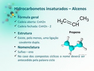 Hidrocarbonetos insaturados – Alcenos
• Fórmula geral
 Cadeia aberta: CnH2n
 Cadeia fechada: CnH2n - 2
• Estrutura
 Existe, pelo menos, uma ligação
covalente dupla.
• Nomenclatura
 Sufixo – eno
 No caso dos compostos cíclicos o nome deverá ser
antecedido pela palavra ciclo
Propeno
CH
CH3CH2
 