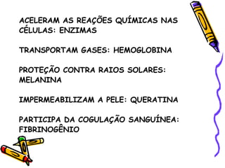 ACELERAM AS REAÇÕES QUÍMICAS NAS
CÉLULAS: ENZIMAS

TRANSPORTAM GASES: HEMOGLOBINA

PROTEÇÃO CONTRA RAIOS SOLARES:
MELANINA

IMPERMEABILIZAM A PELE: QUERATINA

PARTICIPA DA COGULAÇÃO SANGUÍNEA:
FIBRINOGÊNIO
 