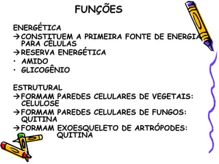 FUNÇÕES
ENERGÉTICA
CONSTITUEM A PRIMEIRA FONTE DE ENERGIA
  PARA CÉLULAS
RESERVA ENERGÉTICA
• AMIDO
• GLICOGÊNIO

ESTRUTURAL
FORMAM PAREDES CELULARES DE VEGETAIS:
  CELULOSE
FORMAM PAREDES CELULARES DE FUNGOS:
  QUITINA
FORMAM EXOESQUELETO DE ARTRÓPODES:
         QUITINA
 