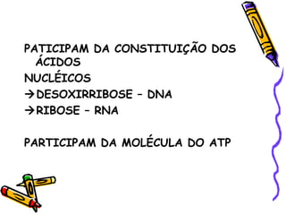 PATICIPAM DA CONSTITUIÇÃO DOS
  ÁCIDOS
NUCLÉICOS
DESOXIRRIBOSE – DNA
RIBOSE – RNA

PARTICIPAM DA MOLÉCULA DO ATP
 