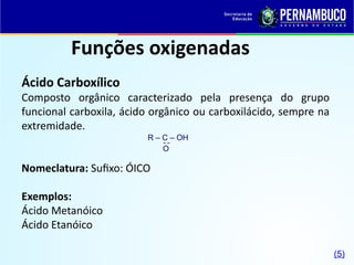 Funções oxigenadas
Ácido Carboxílico
Composto orgânico caracterizado pela presença do grupo
funcional carboxila, ácido orgânico ou carboxilácido, sempre na
extremidade.
Nomeclatura: Sufixo: ÓICO
Exemplos:
Ácido Metanóico
Ácido Etanóico
R – C – OH
O

(5)
 