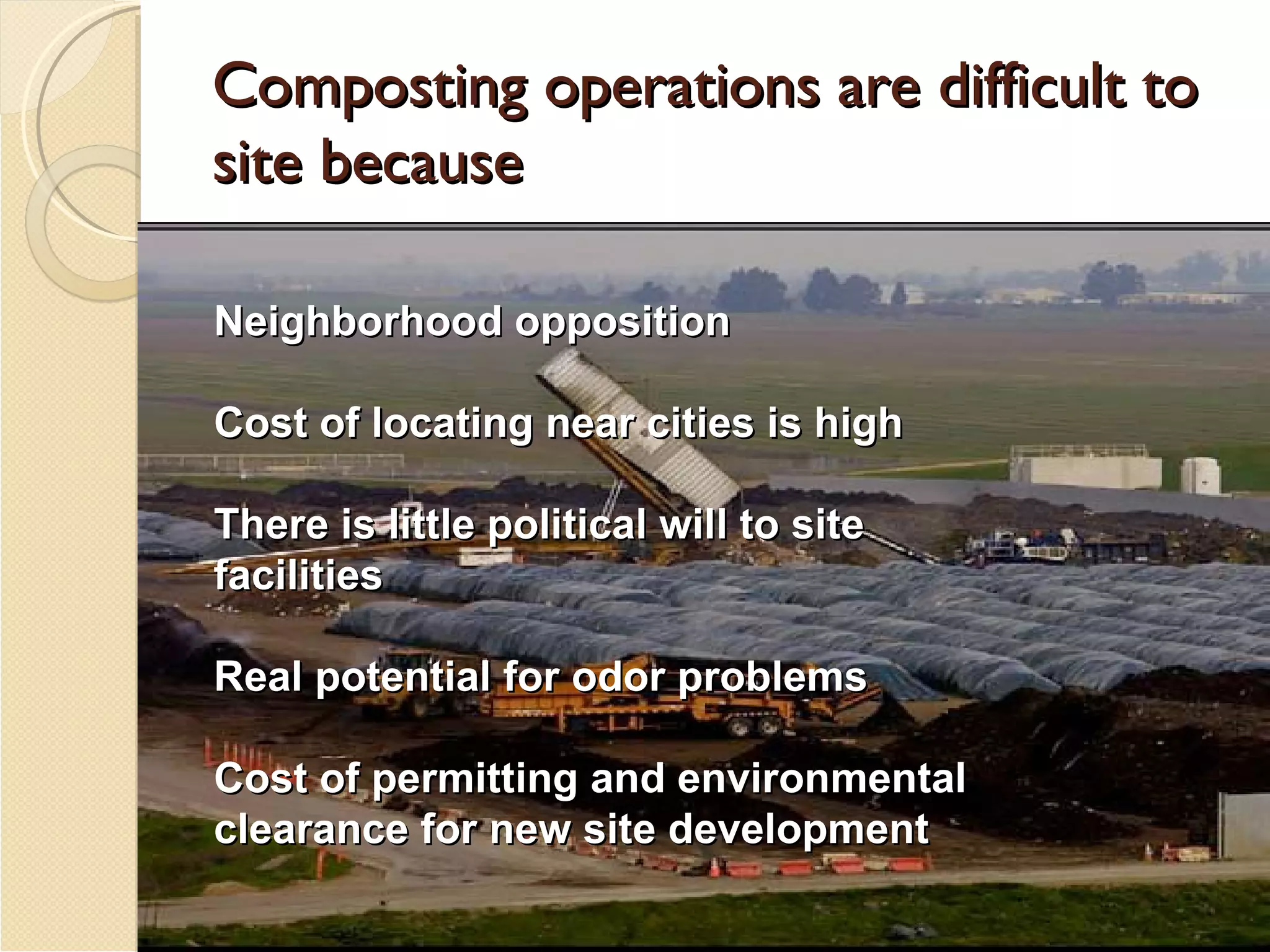 Composting operations are difficult to site because Neighborhood opposition Cost of locating near cities is high There is little political will to site facilities Real potential for odor problems Cost of permitting and environmental  clearance for new site development 
