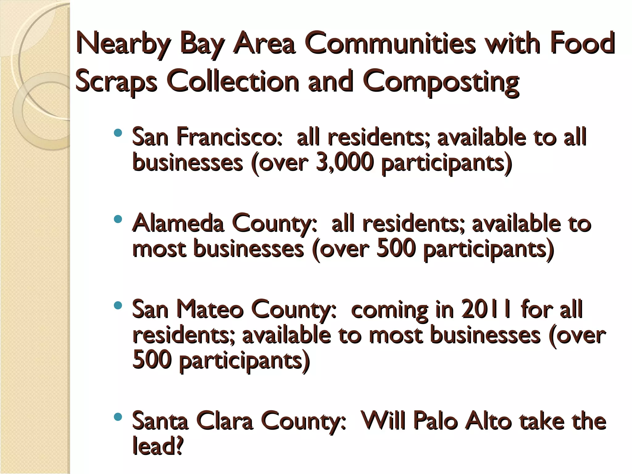 Nearby Bay Area Communities with Food Scraps Collection and Composting San Francisco:  all residents; available to all businesses (over 3,000 participants) Alameda County:  all residents; available to most businesses (over 500 participants) San Mateo County:  coming in 2011 for all residents; available to most businesses (over 500 participants) Santa Clara County:  Will Palo Alto take the lead? 
