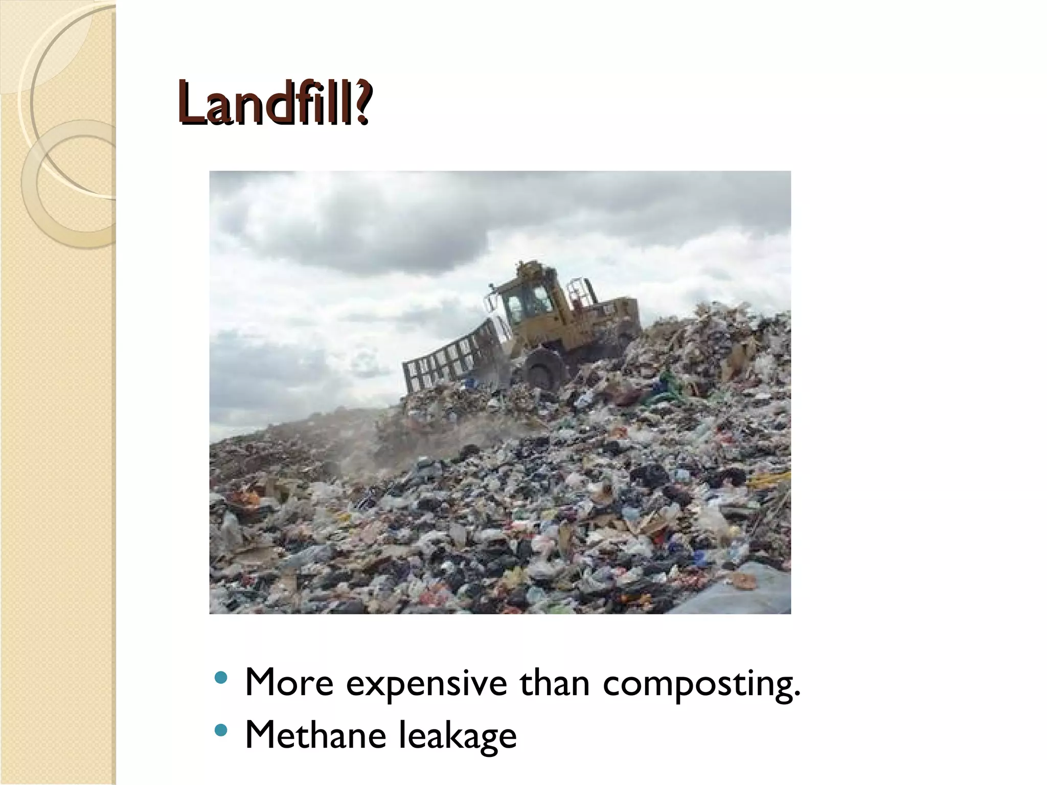 Landfill? More expensive than composting. Methane leakage 