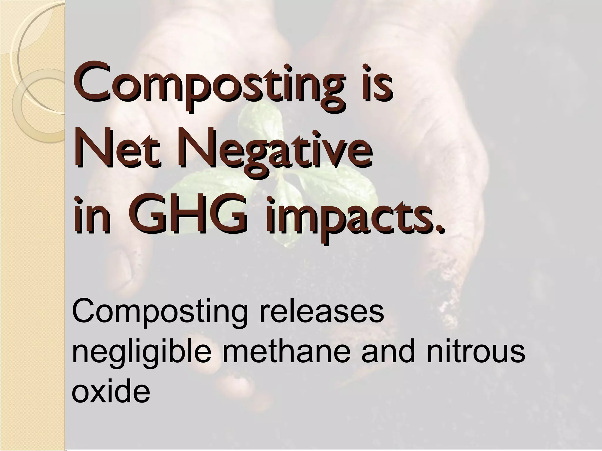 Composting is  Net Negative  in GHG impacts. Composting releases negligible methane and nitrous oxide 