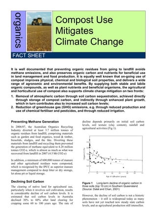 organics
                                       Compost Use
                                       Mitigates
                                       Climate Change
 FACT SHEET

It is well documented that preventing organic residues from going to landfill avoids
methane emissions, and also preserves organic carbon and nutrients for beneficial use
in land management and food production. It is equally well known that on-going use of
compost improves physical, chemical and biological soil properties, and delivers a wide
range of agronomic and environmental benefits. By supplying both stable and labile
organic compounds, as well as plant nutrients and beneficial organisms, the agricultural
and horticultural use of compost also supports climate change mitigation on two fronts:
1. Removal of atmospheric carbon through soil carbon sequestration, achieved directly
   through storage of compost carbon, and indirectly through enhanced plant growth,
   which in turn contributes also to increased soil carbon levels;
2. Reduction of greenhouse gas (GHG) emissions, e.g. through reduced production and
   use of chemical fertiliser and pesticides, and through reduced irrigation.


Preventing Methane Generation                             decline depends primarily on initial soil carbon
                                                          levels, soil texture (clay content), rainfall and
In 2006/07, the Australian Organics Recycling             agricultural activities (Fig 1).
Industry diverted at least 3.7 million tonnes of
organic residues from landfill, comprising materials
such as garden and food organics, wood & timber,
biosolids, sludges, and the like. Diverting these
materials from landfill and recycling them prevented
the generation of methane equivalent to 4.28 million
tonnes CO2-e, which is almost as much as what was
recovered from landfill in 2007 (4.5 Mt CO2-e)

In addition, a minimum of 600,000 tonnes of manure
and other agricultural residues were composted,
which is recognised by the IPCC as superior manure
management compared to deep litter or dry storage,
let alone pit or liquid storage.

Declining Soil Carbon                                     Figure 1      Long-term decline of organic carbon in
The clearing of native land for agricultural use,         three soils (top 10 cm) in Southern Queensland
particularly when it involves soil cultivation, results   (Source: Dalal and Chan, 2001)
in considerable decline of soil carbon levels. It is
estimated that soil carbon levels in Australia            However, the decline of soil carbon is not a historic
declined 30% to 60% after land clearing for               phenomenon – it still is widespread today as many
cropping some 60 to 100 years ago. The rate of            soils have not yet reached new steady state carbon
                                                          levels, and as agricultural production still intensifies.
 