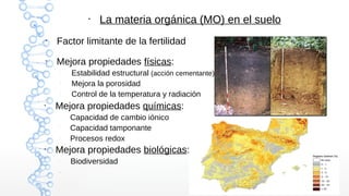 ●
La materia orgánica (MO) en el suelo
●
Factor limitante de la fertilidad
●
Mejora propiedades físicas:
–
Estabilidad est...